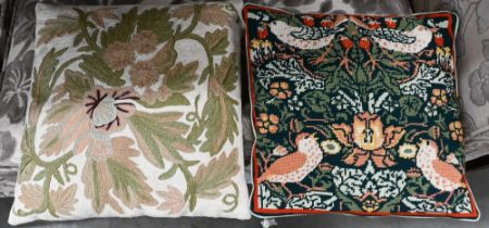 A floral crewel work cushion and pictorial tapestry cushion, both 40 cm square (2)