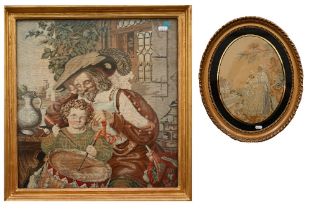 A 19th century Continental silkstitch picture of a mother and child feeding chicks, 31 x 23 cm and a