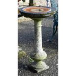 A weathered cast stone column birdbath