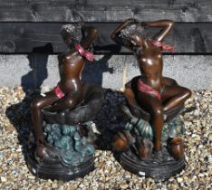 Two large bronze figures, sea nymphs awakening, 56 cm high (2)