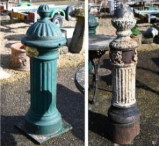 An old cast iron pillar by Glenfield Com Ltd, to/with an antique heavily weathered cast iron hydrant