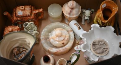 An antique majolica Toby jug, to/w a cottage ware teapot, and sugar basin, various turned onyx items