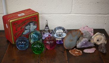 Six various glass paperweights and various geode fragments and other stones