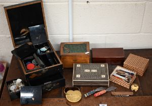 A vintage Japanese lacquer box fitted with four boxes containing buttons and a lower drawer, to/w