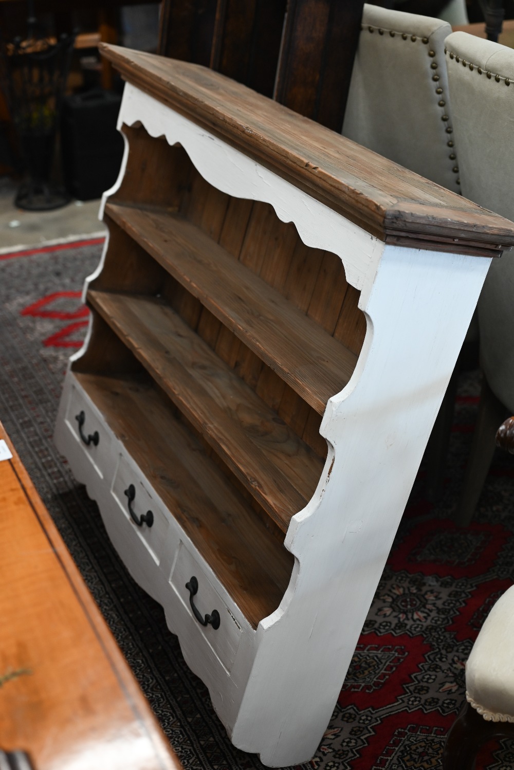 A panelled oak hall shelf with four wrought iron hat/coat hooks, 100 cm wide x 40 cm high to/w a - Image 4 of 5