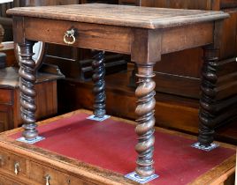 An antique oak side table with frieze drawer and barleytwist supports, 78 x 54 x 58 cm high