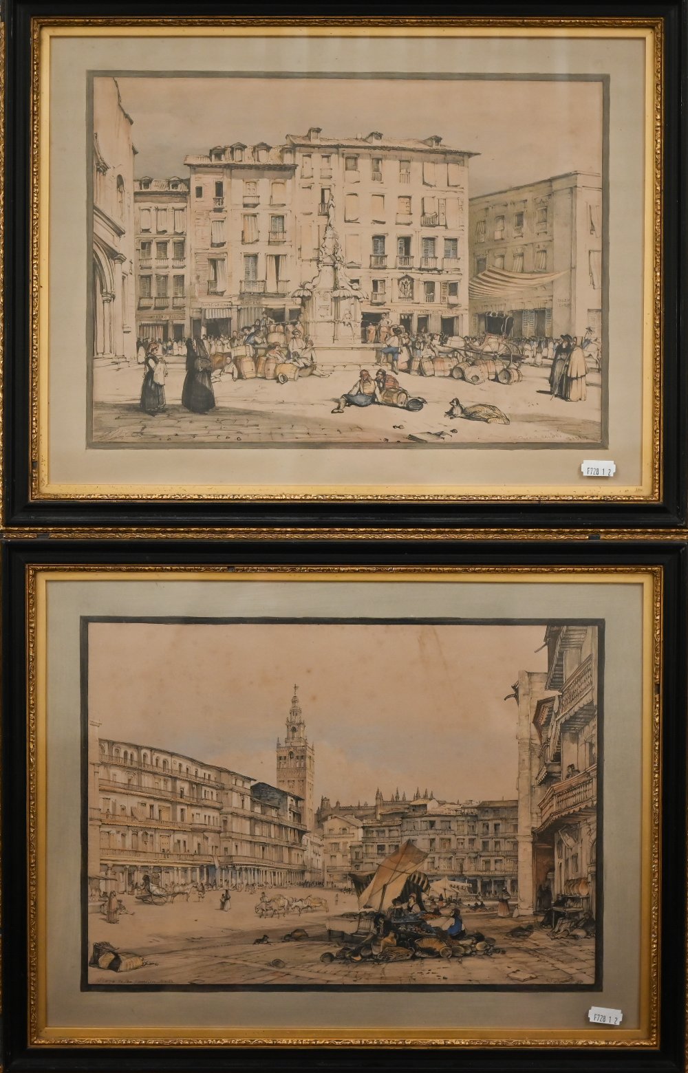 Two lithograph of Spanish city scenes Madrid and Seville, 25.5 x 36 cm (2)