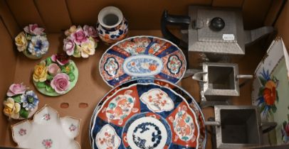 An Art Deco pewter three piece tea service to/w three Japanese Imari dishes and a vase, four china