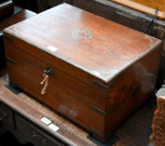 A teak, brass mounted and camphor-lined campaign-style trunk with fitted interior c/w key, 50 x 35 x