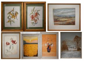 Mixed pictures to include botanical watercolour studies, two landscapes, an oil on board still