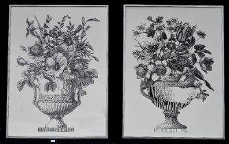 Two large furnishing prints of flowers in urns, 119 x 89 cm (one without glass) (2)