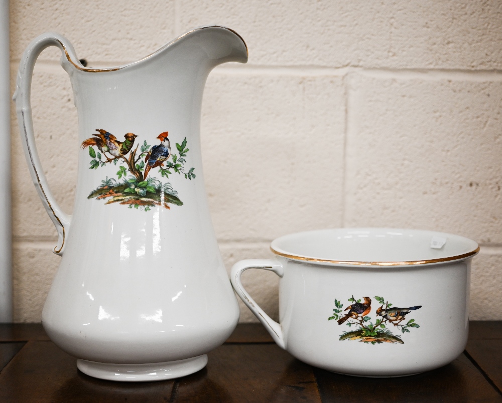 A Newport pottery (Burslem) ewer, basin and chamberpot set, printed with birds - Image 3 of 5