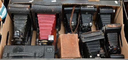 Seven vintage cameras, including Houghton's Ensign 'Klito' No. 1 box camera, F D 'Klimax' for