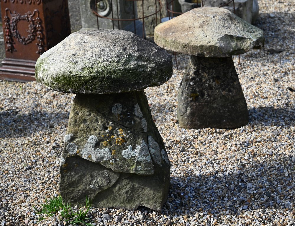 Two antique weathered cut stone low staddle stones, 65 cm and 55 cm high (2) - Image 2 of 3