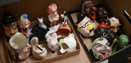 A selection of Continental and Oriental ceramic novelty ashtrays and other ornaments, modelled as