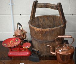 An Asian wood bucket, to/w a Victorian brass and copper kettle on stand, a copper kettle, a box iron