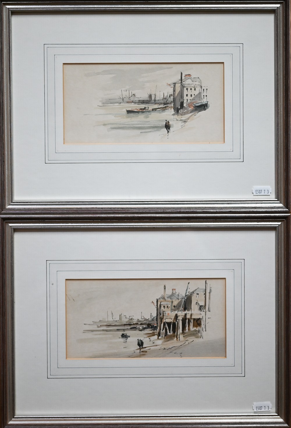 Pair of unsigned pen, ink and wash studies of river bank scenes, 10 x 20 cm (2)