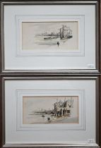 Pair of unsigned pen, ink and wash studies of river bank scenes, 10 x 20 cm (2)