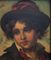 Continental school - Young boy in hat, oil on board, 17 x 14 cm