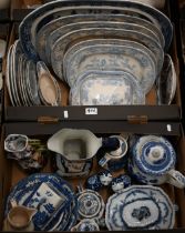 A large Victorian blue and white Willow pattern meat dish, to/w a quantity of Victorian and later '