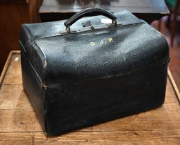 An antique dark blue morocco leather Gladstone bag with watered silk & leather fitted lining (