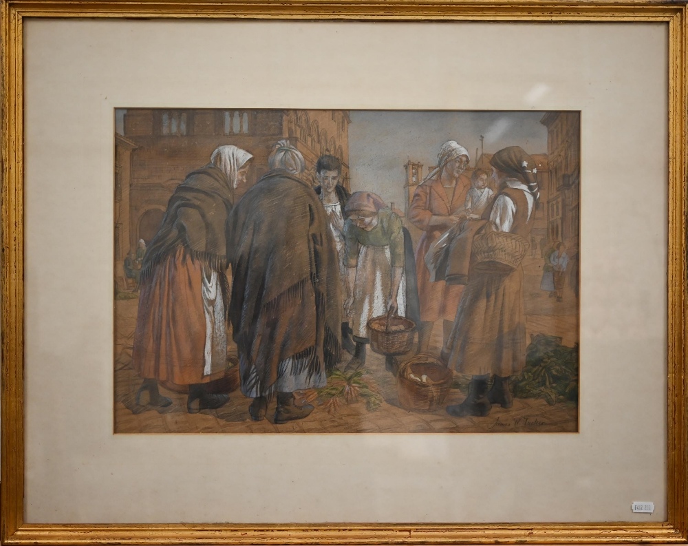 James W Tucker - 'The Market, Orvieto, Italy', watercolour with heightening, signed lower right, - Image 2 of 4