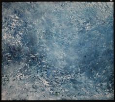 A large blue and white oil on board abstract of water, signed to reverse, 107 x 122 cm
