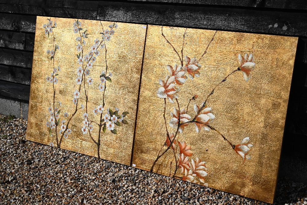 Two large modern oil on canvas studies of flowering branches on gilded background, 101 x 101 cm to/w - Image 8 of 10