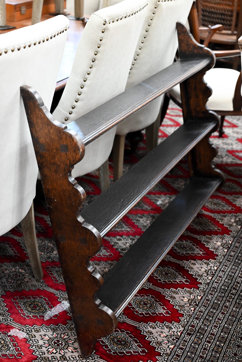 A panelled oak hall shelf with four wrought iron hat/coat hooks, 100 cm wide x 40 cm high to/w a - Image 5 of 5