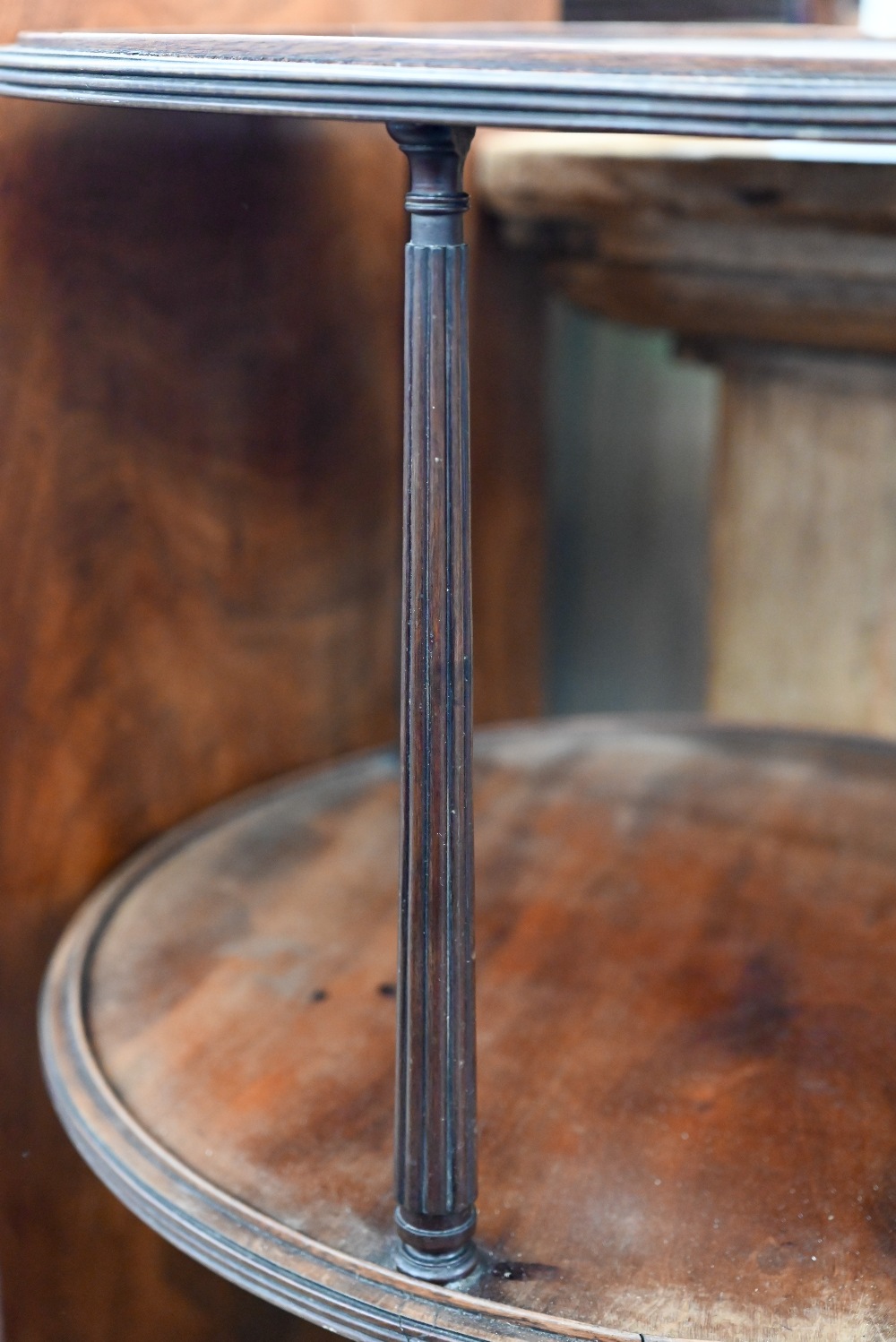 A Georgian mahogany twin-tier circular dumnb waiter on turned and reeded triform base with brass - Image 3 of 4