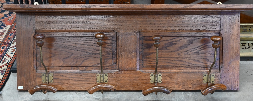 A panelled oak hall shelf with four wrought iron hat/coat hooks, 100 cm wide x 40 cm high to/w a - Image 3 of 5