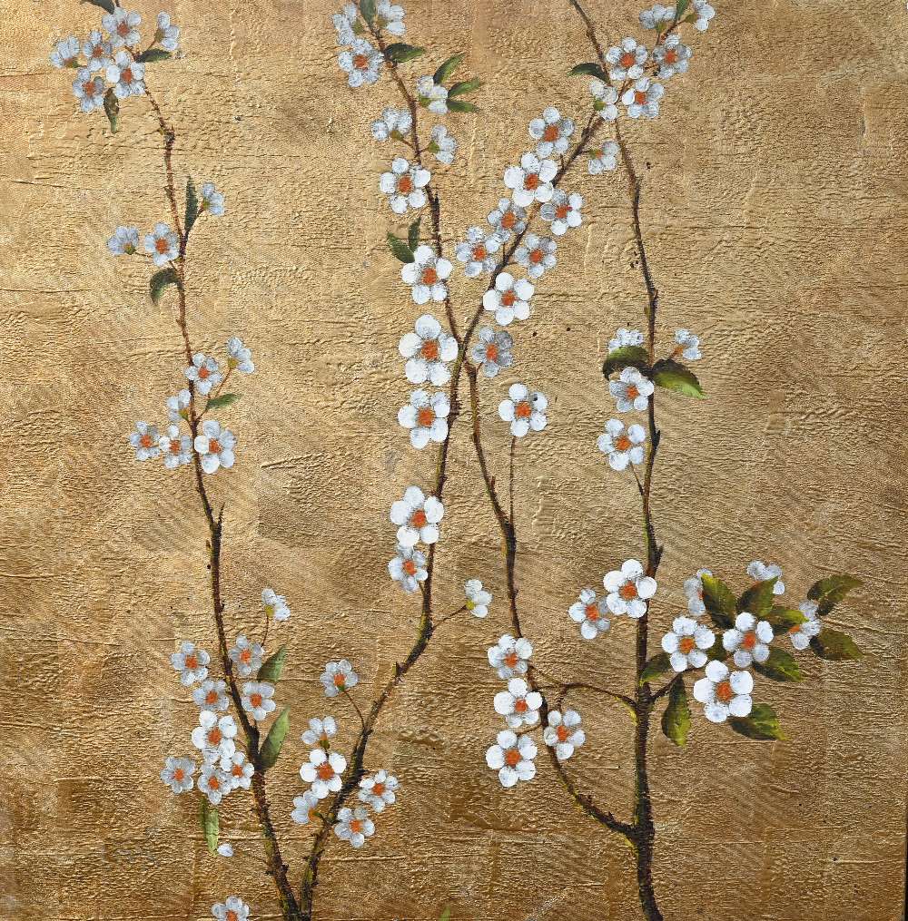 Two large modern oil on canvas studies of flowering branches on gilded background, 101 x 101 cm to/w - Image 4 of 10