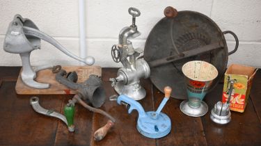 Various vintage kitchenalia, including 'Passe-Vit' soup-maker, juicer, two mincers, bean-slicer, etc