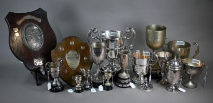 A quantity of vintage epns trophy cups, shields, etc. (box)