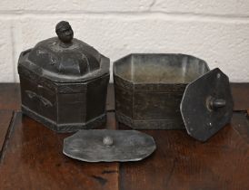 Two early 19th century lead tobacco boxes with inner presses (one with cover)