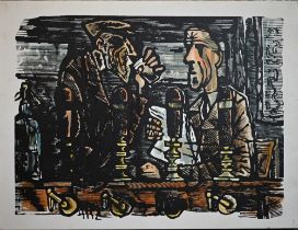 A screenprint on canvas of two men in a pub, 80 x 105 cm