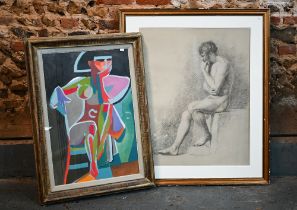 A Cubist-style study of a seated man 'The thinker', oil on board, 72 x 48 cm to/w print of thinker