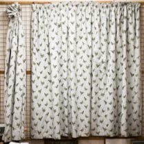 A pair of interlined curtains embroidered with hens and roosters, each 183 x 230cm