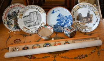 A small selection of Asian ceramics, to/w three commemorative miner's wall plates and a rolled