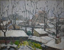 Sharon D'Obremer - Snow covered village, oil on board, signed lower centre, 32 x 40 cm