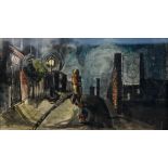 20th century study of children on a street at night, ink and wash,