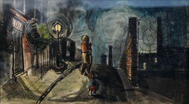 20th century study of children on a street at night, ink and wash,