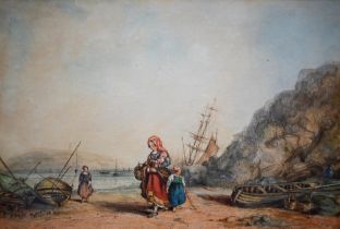English school - Fisherfolk on foreshore, watercolour, 24 x 35 cm