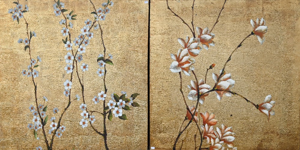 Two large modern oil on canvas studies of flowering branches on gilded background, 101 x 101 cm to/w - Image 2 of 10