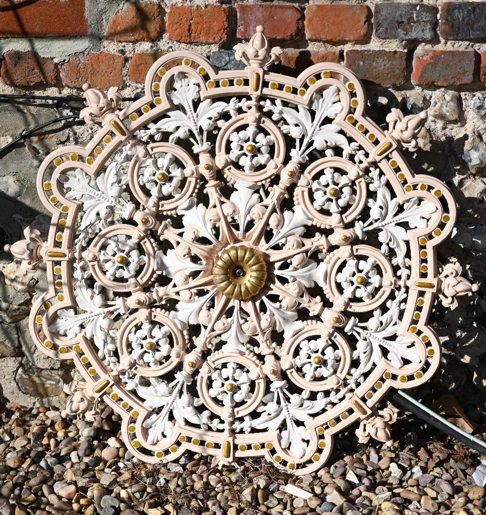 A Victorian style cast iron and painted, circular cast iron ceiling rose to/with a trio of reclaimed - Image 4 of 6