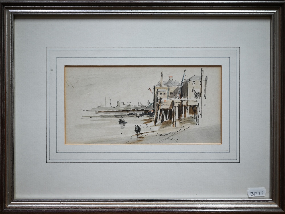 Pair of unsigned pen, ink and wash studies of river bank scenes, 10 x 20 cm (2) - Image 4 of 6