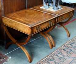 Iain James - pair of burr walnut crossbanded lamp tables, each with single drawer on shaped