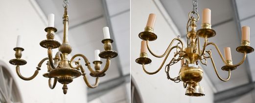 A Dutch-style brass six branch electrolier/chandelier, 38 cm high to/w another brass-finish six-