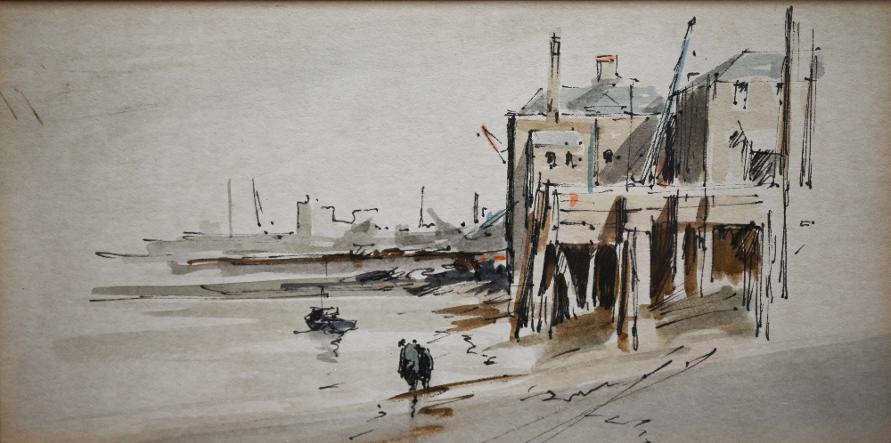 Pair of unsigned pen, ink and wash studies of river bank scenes, 10 x 20 cm (2) - Image 5 of 6