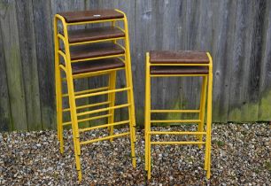 A set of six yellow framed mid-height stacking lab stools, with hardwood seats (6)